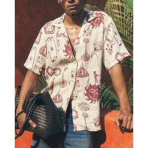 OAS Cuba Linen Cantina Scribble Print Beige Shirt Small NEW Short Sleeve Button